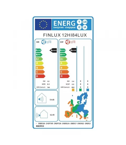 Finlux 12HI84LUX, Aer conditionat, 12000 BTU, Wi-Fi , Lampa UV purificare aer, Filtru PM 2.5, Clasa A+++ , Sistem Inverter, alb