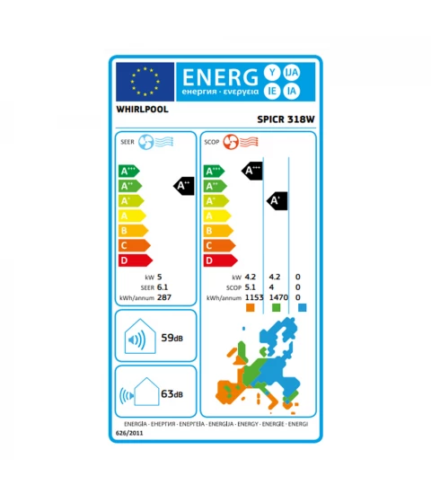 Aer conditionat Whirlpool SPICR 318W, Inverter, 18000 BTU, 6TH SENSE, Filtru Carbon activ, Clasa A++/A+, Alb