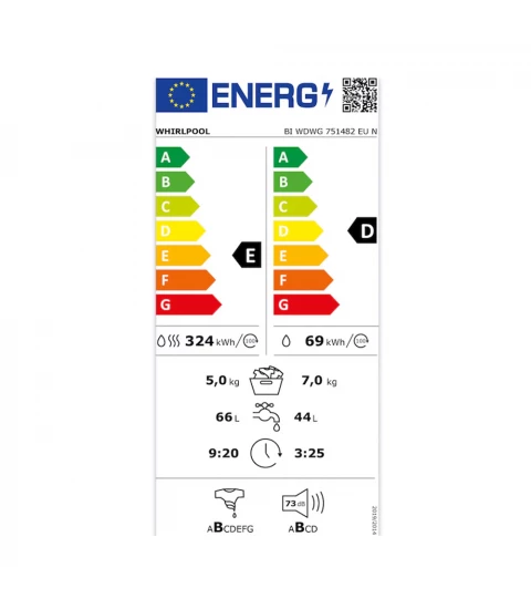 Masina de spalat rufe cu uscator incorporabila Whirlpool BI WDWG 751482 EU, 7 kg spalare, 5 kg uscare, 1400 RPM, Clasa D,Alb